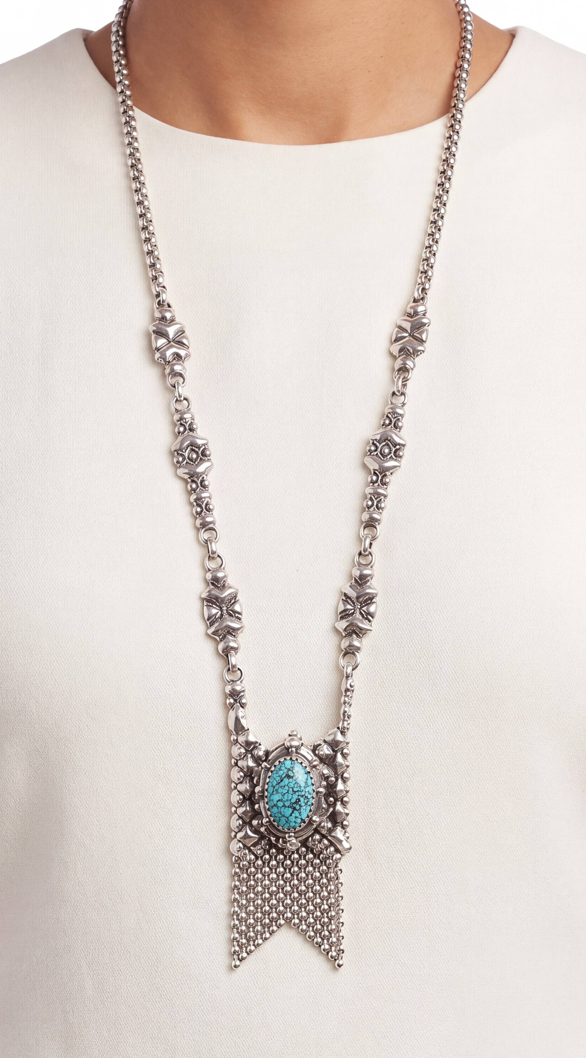 SG Liquid Metal RTN10-AS TUQ – Antique Silver Finish and Turquoise Chain/Necklace by Sergio Gutierrez