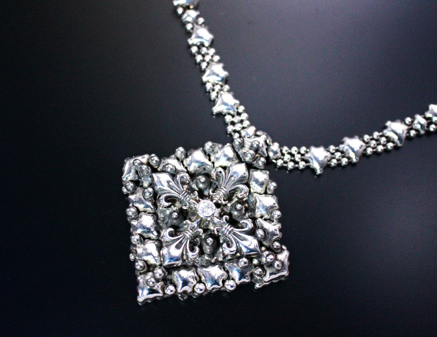 SG Liquid Metal LEN 3714 – Antique silver finish “Fleur de Lys” Cross necklace by Sergio Gutierrez